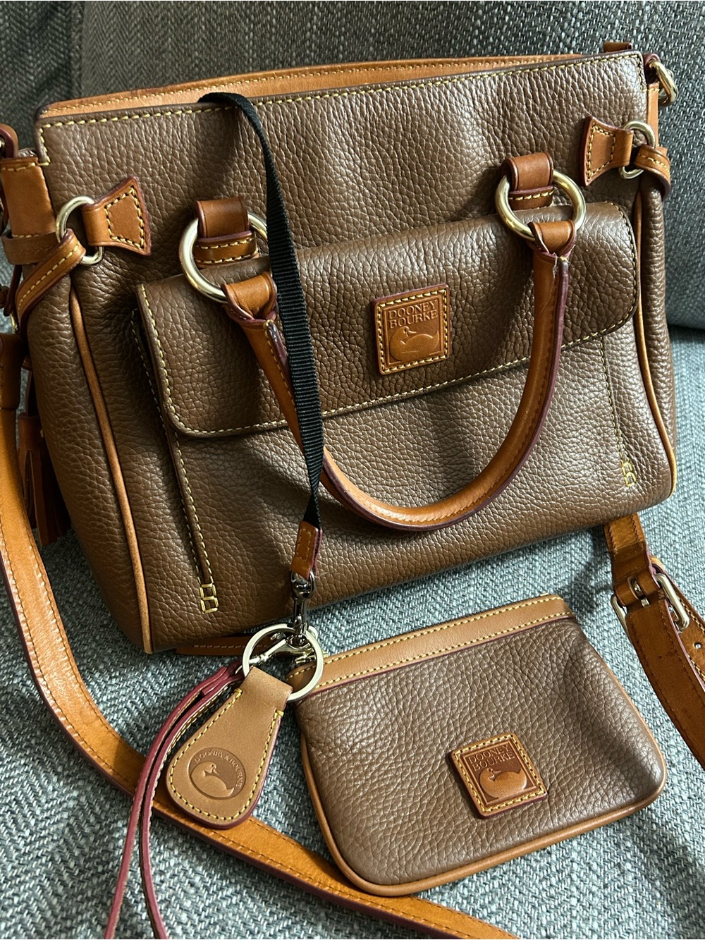 Dooney & Bourke Brown Pebble Leather Purse with Pouch and Key Leash